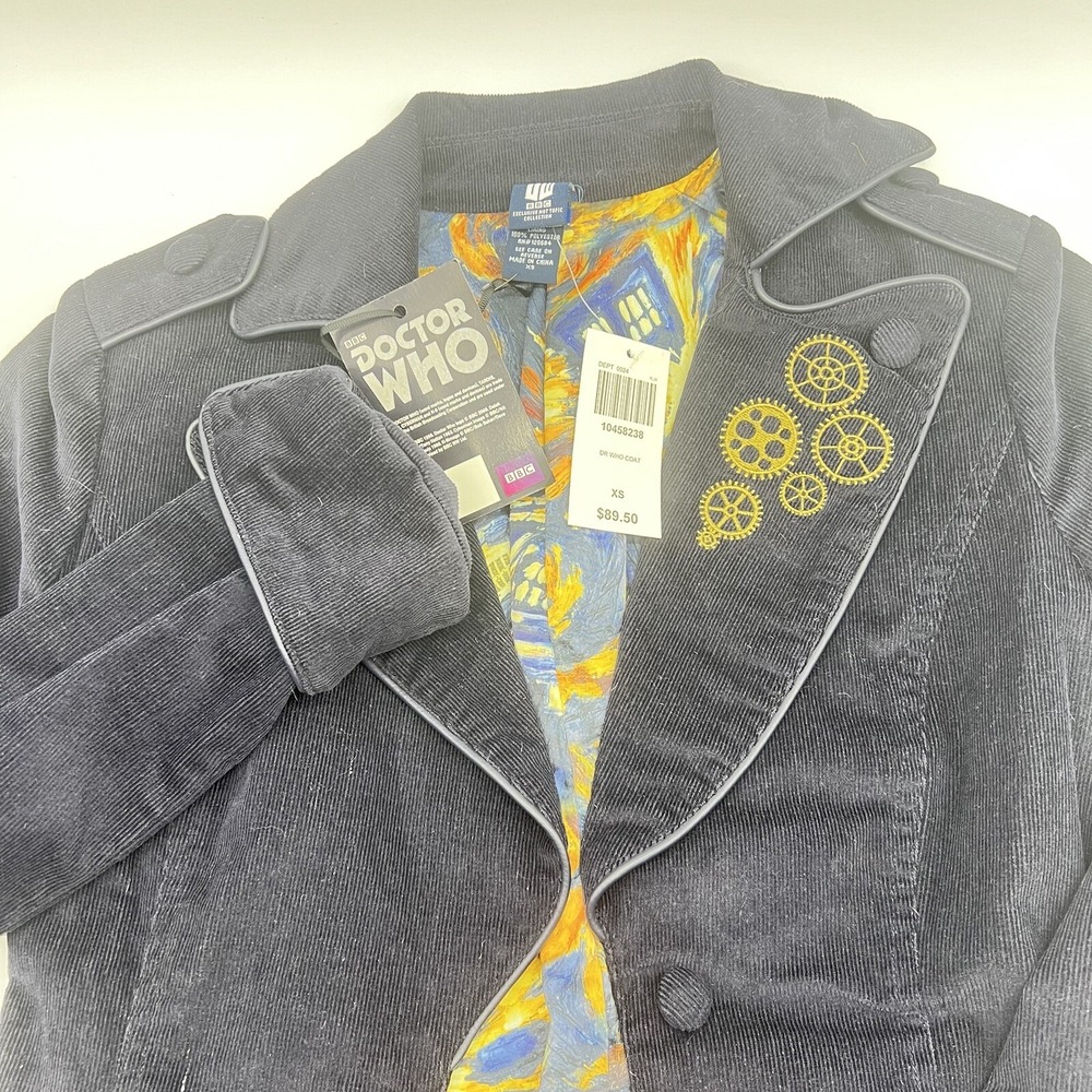 Hot Topic Doctor Who Coat Womens XS Black Corduroy Exploding Tardis Lining NWT